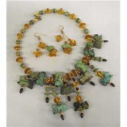 Turquoise and Amber Cat Necklace Earring Set.