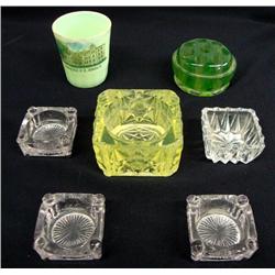 Antique Glass Salt Cellars, Frog, Jadeite Glass.