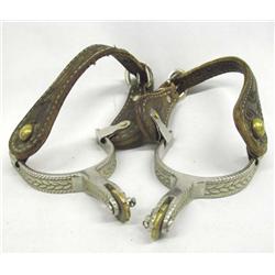 Cowboy Spurs With Tooled Leather Straps
