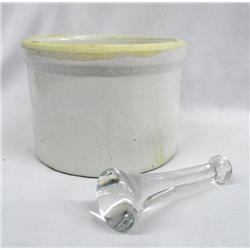 Antique Mortar Stoneware Crock Bowl & Glass Pestle