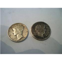 2 Silver Dimes, 1912 Barber, 1943 Mercury