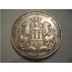 **RARE** Silver 1909-J German States Hamburg 3 Mark AU Coin
