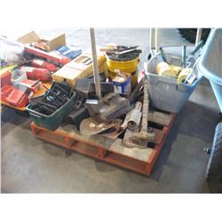 PALLET OF CONCRETE CURB MOLDS, TROWELS, SHOVELS, STAMP ROLLERS, AND PACKER,