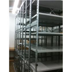 19 PALLETS / STACKS OF VARIOUS METAL & WOOD SHELVING;