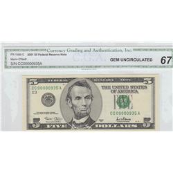 $5 2001 FRN VERY LOW SERIAL GEM 67