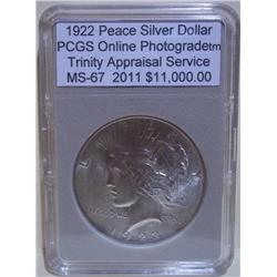 1922 Silver Peace Dollar PCGS MS-67 w/ Appraisal