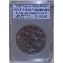 1922 Peace Dollar "VAM" PCGS MS-62 w/Appraisal