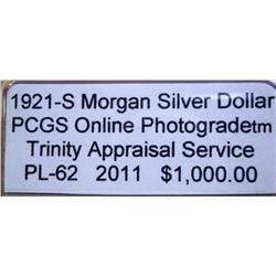 1921-S Morgan Silver Dollar PCGS PL-62 w/Appraisal