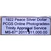 Image 2 : 1922 Silver Peace Dollar PCGS MS-67w/Error & App