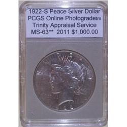 1922-S Peace Dollar "VAM" PCGS MS-63 w/Appraisal