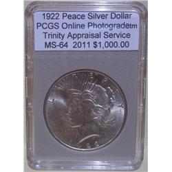 1922 Peace Dollar "VAM" PCGS MS-64 w/Appraisal