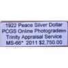 Image 2 : 1922 Peace Dollar PCGS MS-66 w/Appraisal