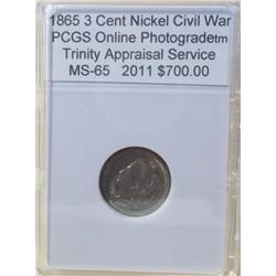 1865 3 Cent PCGS MS-65 w/Appraisal Civil War Issue