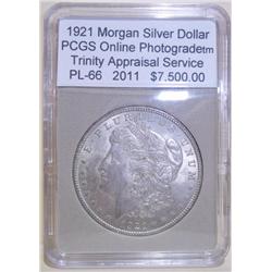 1921 Morgan Silver Dollar PCGS PL-66 w/Appraisal