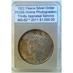 1922 Peace Dollar PCGS MS-62 VAM w/Appraisal