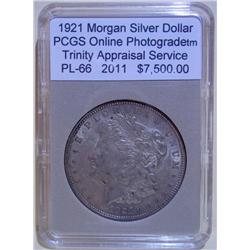 1921 Morgan Silver Dollar PCGS PL-66 w/Appraisal