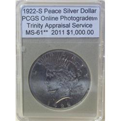 1922-S Peace Dollar PCGS MS-61 MINT ERROR w/App