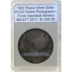 1922 Peace Dollar PCGS MS-61 w/Appraisal Rainbow