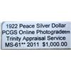 Image 3 : 1922 Peace Dollar PCGS MS-61 w/Appraisal Rainbow
