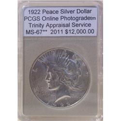 1922-S Peace Dollar Mint Error PCGS MS-67 w/App