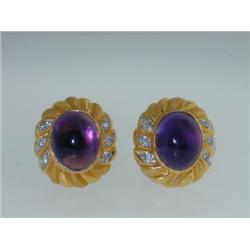18K Yellow Gold, Cabochon Amethyst & Diamond Earrings
