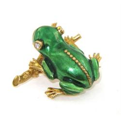 18K Yellow Gold Enamel & Diamond Frog Pin