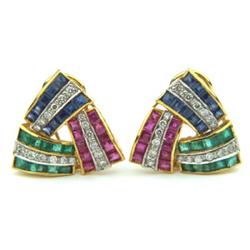 21K Yellow Gold,Emerald,Ruby,Sapphire, Diamond Earrings