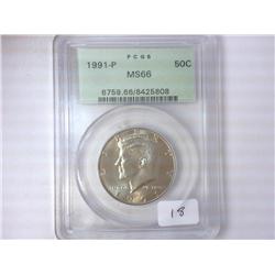 1991-P KENNEDY HALF DOLLAR PCGS MS66