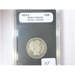 1905-S BARBER QUARTER COIN WORLD VG8