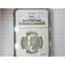 1964 90% KENNEDY HALF DOLLAR NGC MS63