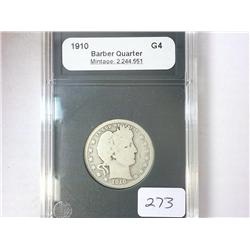 1910 BARBER QUARTER COIN WORLD G4