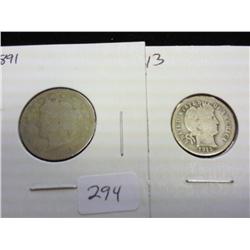 1891 LIBERTY "V" NICKEL & 1913 BARBER DIME