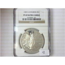 1989-S CONGRESS SILVER DOLLAR NGC PF69 ULTRA CAMEO