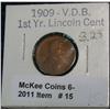 Image 1 : 15. 1909 P VDB Lincoln Cent. VF-20.