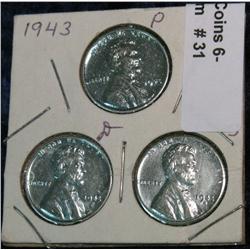 31. 1943 P, D, & S U.S. World War II Cent Set. AU.