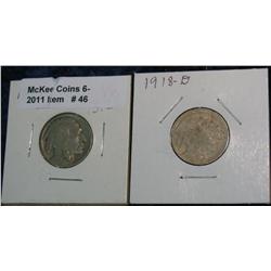 46. 1918 P G & 18 D (Acid treated)  Buffalo Nickels.