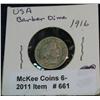 Image 1 : 661. 1916 P Barber Dime. F-VF.
