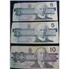 791. (2) 1986 $5 & (1) 1989 $10 Canada Banknotes. EF.