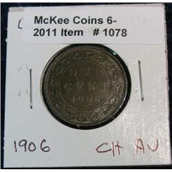 1078. 1906 Choice Brown AU Canada Large Cent.
