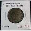 1078. 1906 Choice Brown AU Canada Large Cent.