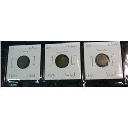 1104. 1852, 1853, & 1854 U.S. Three Cent Silvers. All holed.