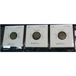 1105. Lot of Three dateless Three Cent Silvers.