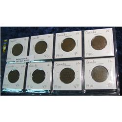 1111. (8) 1910 Canada Large Cents. Grading VG-EF.