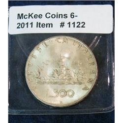 1122. 1966 Republic of Italy 500 Lire. Unc. .835 Silver