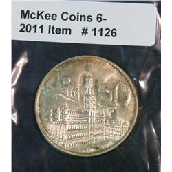 1126. 1958 Belgium 50 Francs. AU. Brussels World Fair.