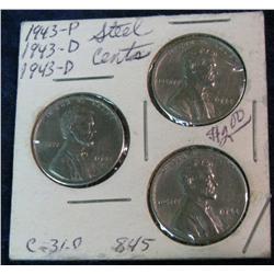 1149. Three-Piece Set of WW II Cents. 1943P, D, & D.