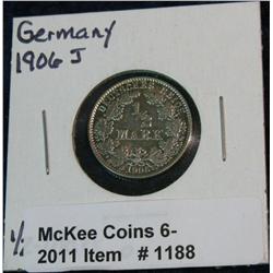 1188. 1906 J Germany Silver Half Mark. EF.