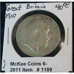 1189. 1910 Great Britain Silver Half Crown. AU 50.