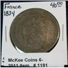1191. 1834 France Silver Five Francs. VF.