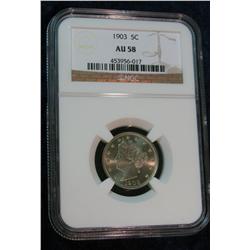 1245. 1903 Liberty Head Nickel. NGC Slabbed AU-58